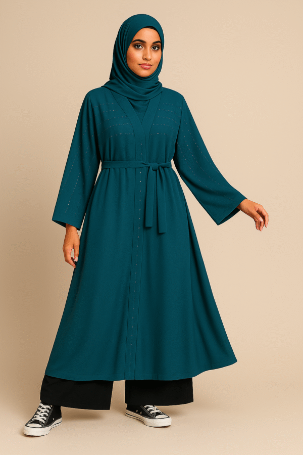Zahra Teal Belted Abaya – Elegant Modest Wear for Everyday & Events
